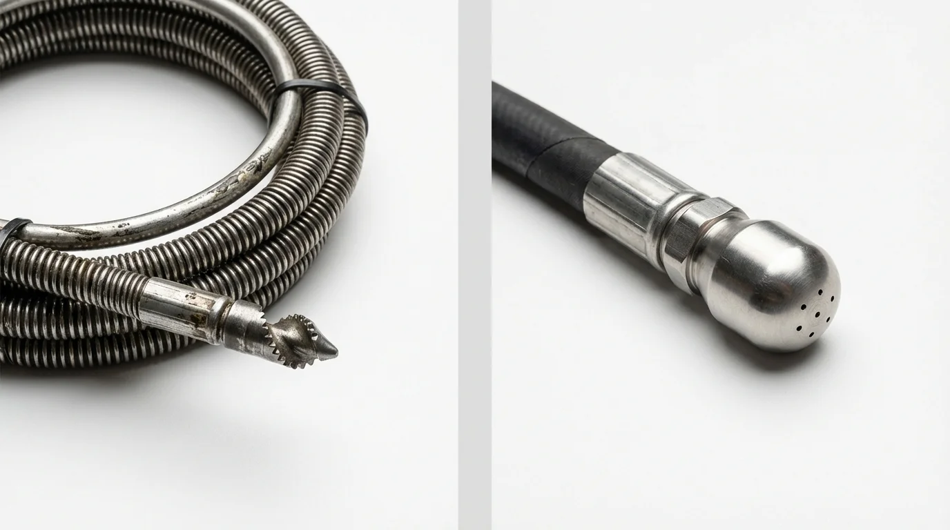 Drain snake cable and hydro jetting nozzle used for drain cleaning in Fall River, WI