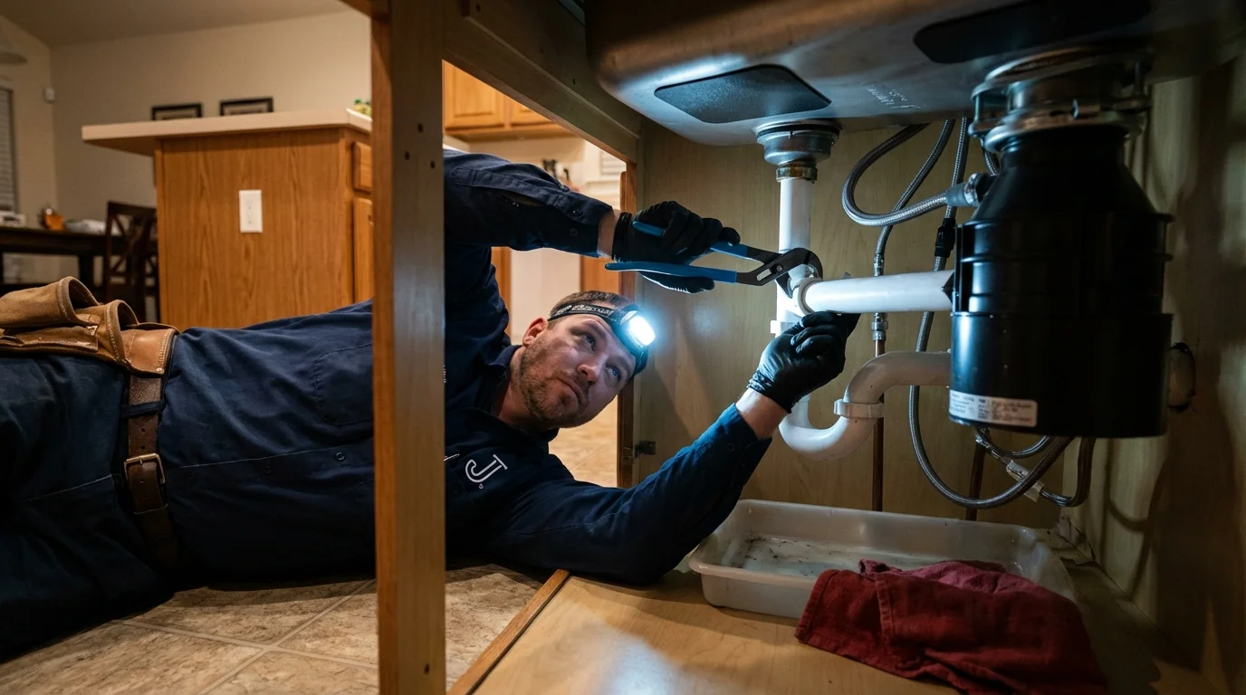 P-trap and supply line connections under a kitchen sink showing a common leak point in Fall River, WI